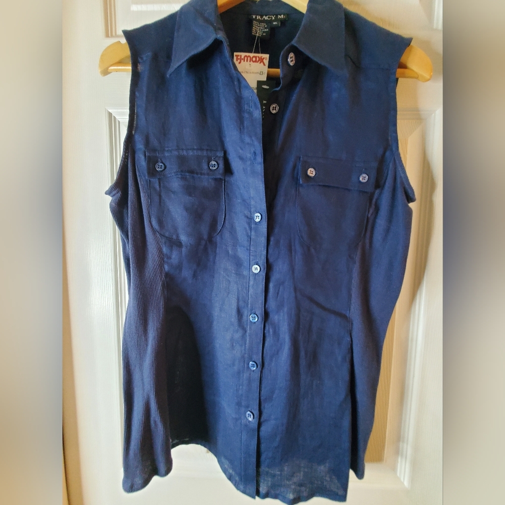 NWT Tracy M. XL Navy Linen Sleeveless Button Down Top Rib Knit Side Panels